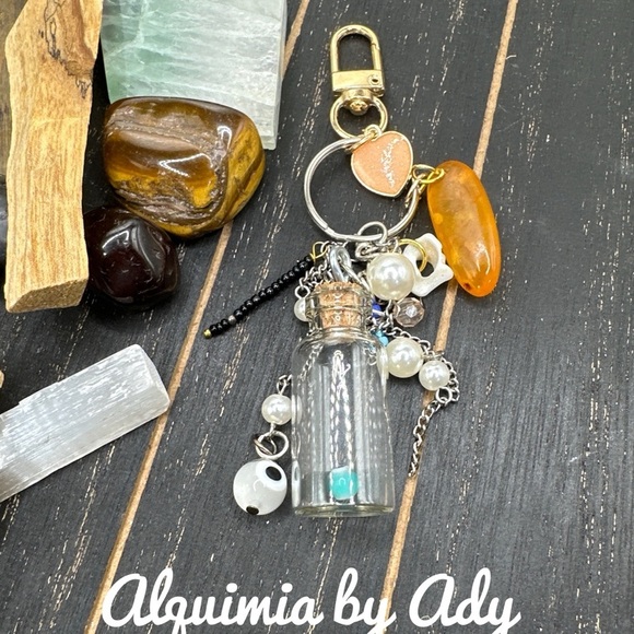 Glass Bottle Charm Keychain with Beads Amber - Picture 1 of 2